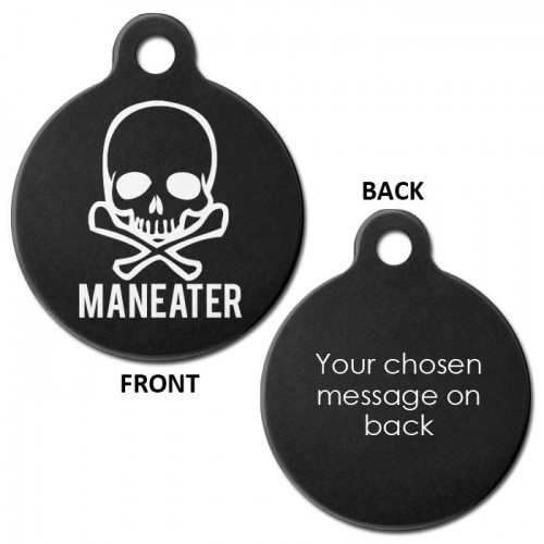 Black Engraved Maneater Skull Aluminium 31mm Large Round Pet Dog ID Tag 